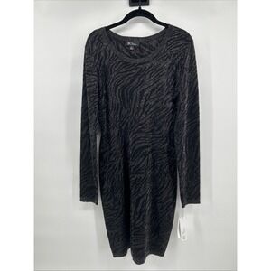 BCX Womens Dress Large NWT Black Silver Metallic Glitter Zebra Long Sleeve Knit
